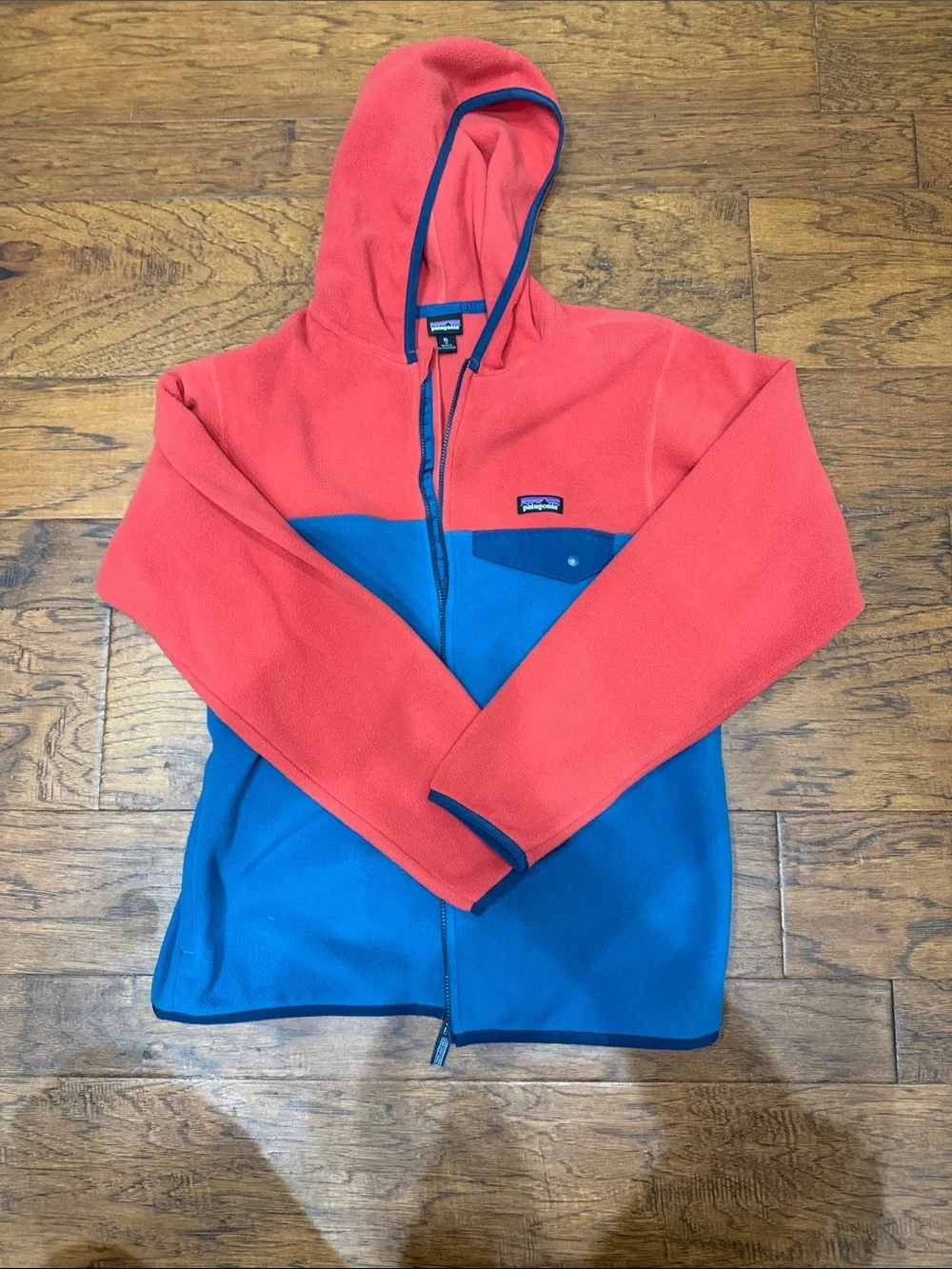 Patagonia Kids Hooded Fleece Jacket in Coral Red and Royal Blue